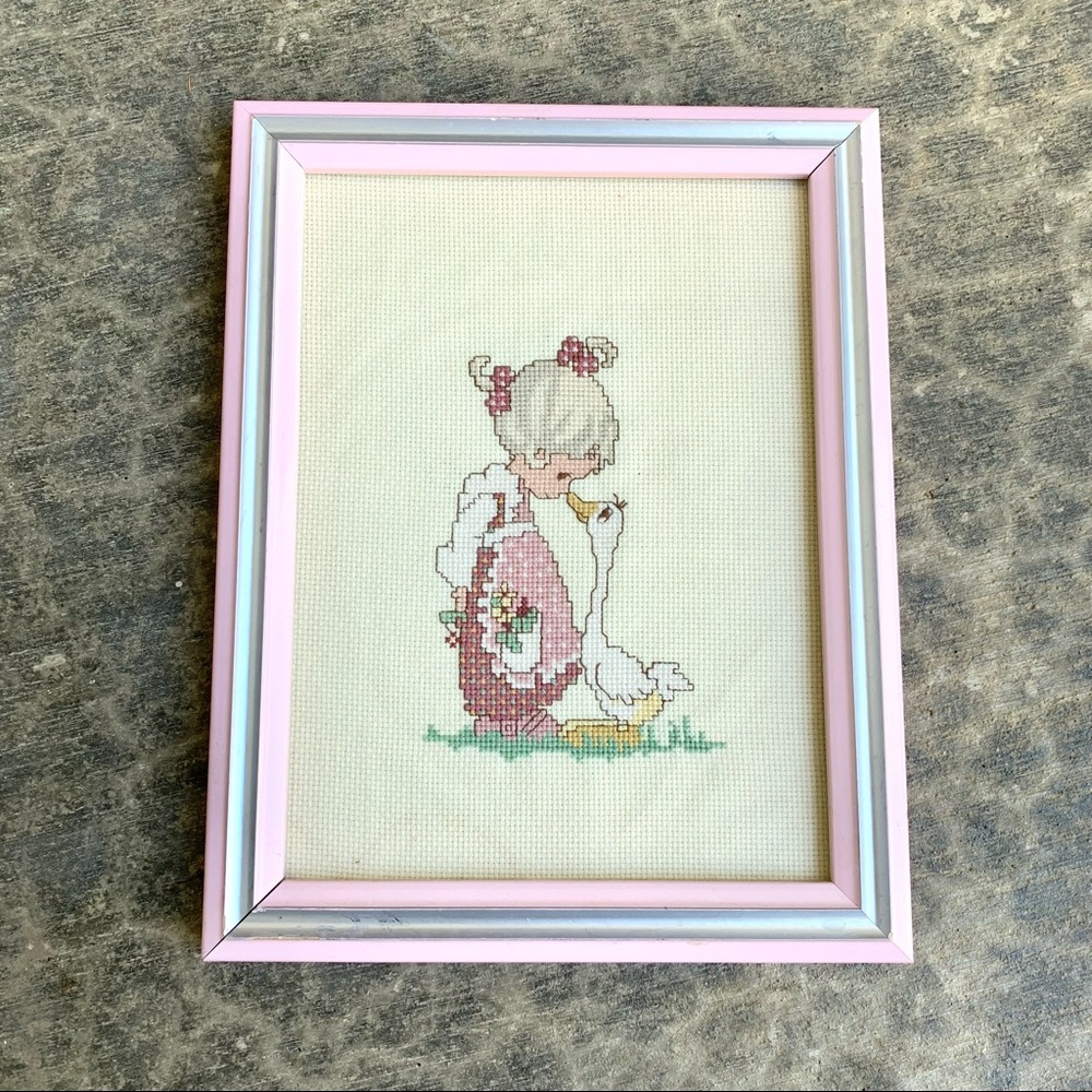 Vintage Precious Moments Pink Framed Cross-stitch Art Work Young Girl with Goose